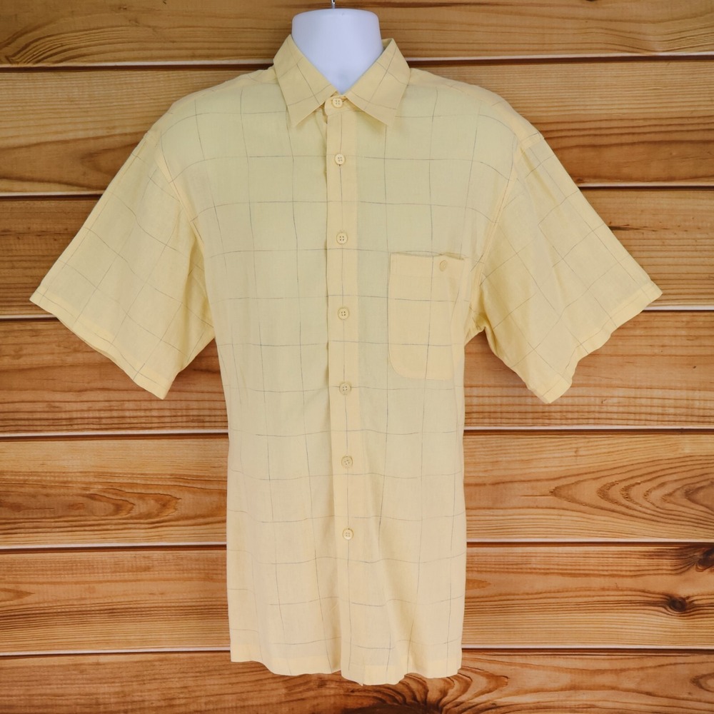 Marc Edwards Short Sleeve Button Up Shirt Mens Size L‎ Yellow Linen Point Collar